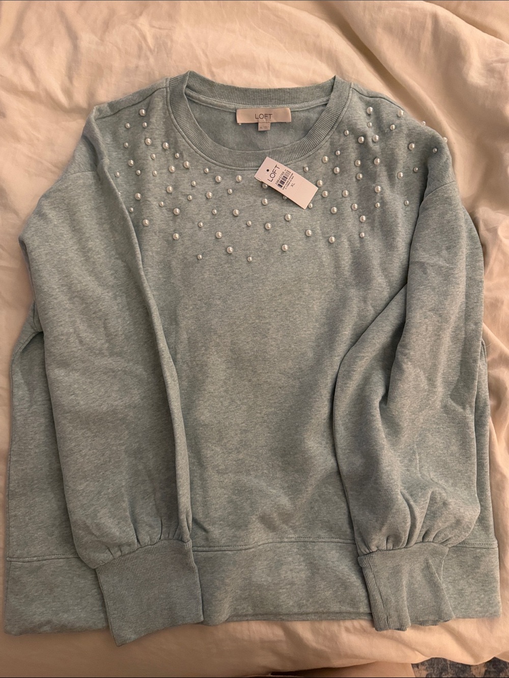 LOFT Pale Blue Pearl-Embellished Crewneck Sweater